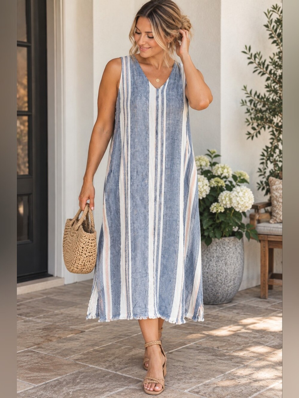 Philosophy Blue White Striped Sleeveless Maxi Dress